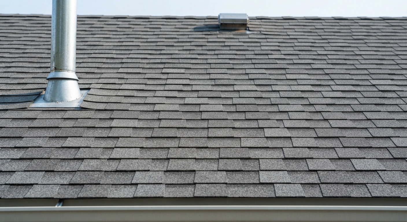 Freshly installed clean charcoal shingle roof with crisp straight lines around the same pipe vent