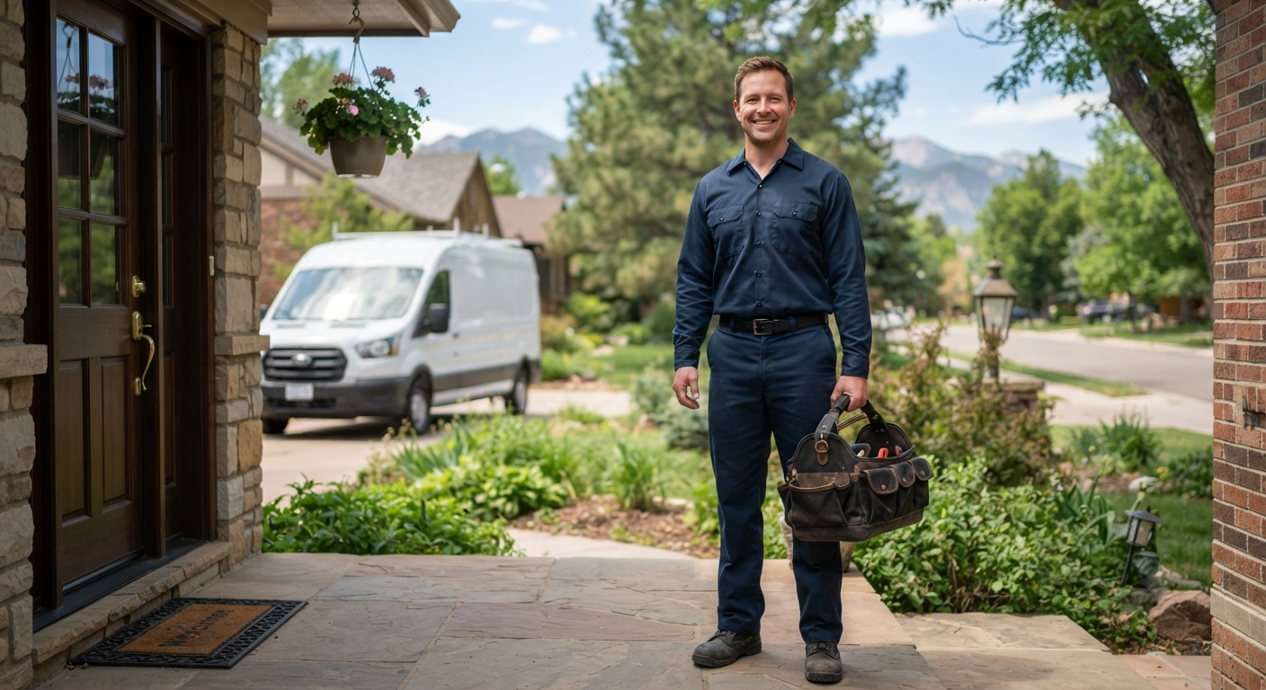 Friendly Summit Plumbing technician with a tool bag at a Denver home, service van and Rocky Mountains behind him