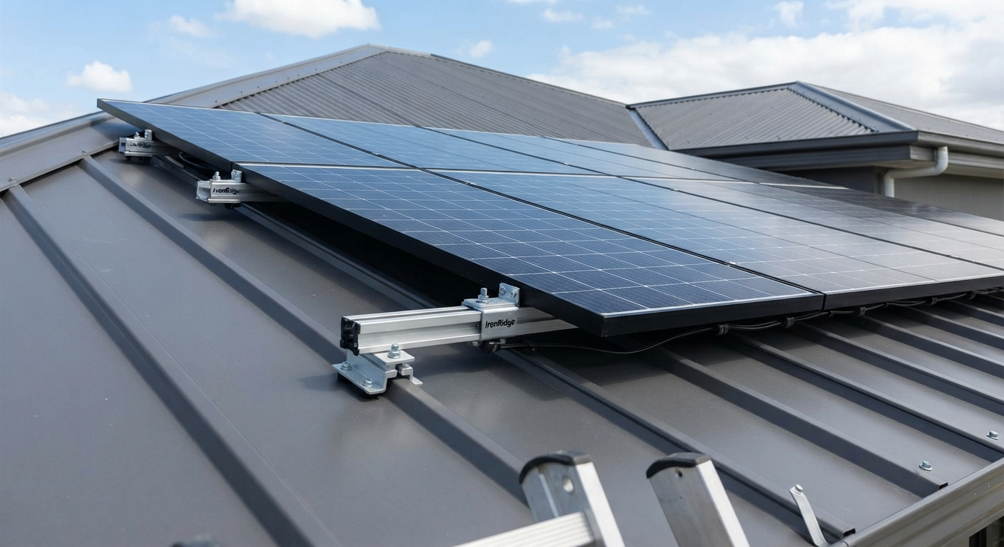 A finished IronRidge metal roof installation